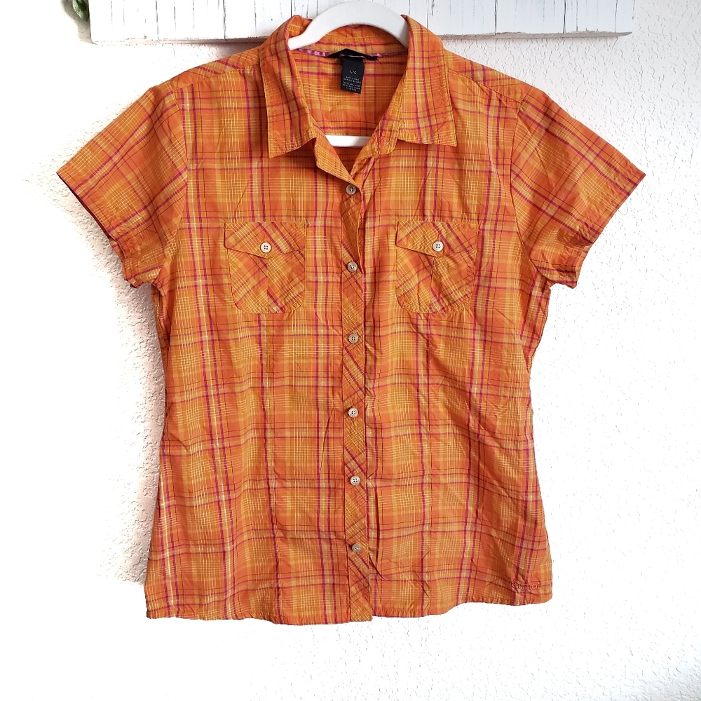 Marmot Womens Codie Plaid Short Sleeve Button Down Hiking Shirt Orange Large